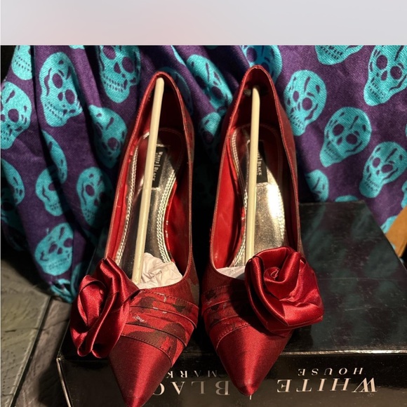White House Black Market Shoes - White House Black Market Red Satin Heels with Floral Detail
